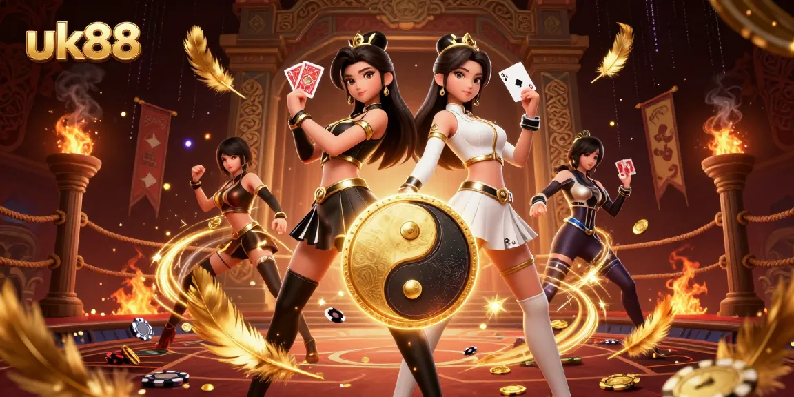 Experience thrilling casino action with uk88 as twin Asian women hold vibrant playing cards in a stunning 3D illustration.