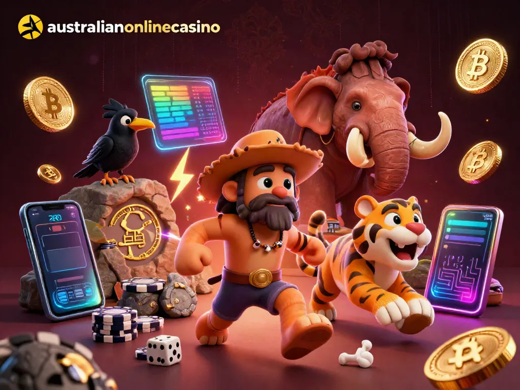 Experience thrilling gameplay at australianonlinecasino with our dynamic prehistoric casino illustration featuring unique characters and crypto elements.