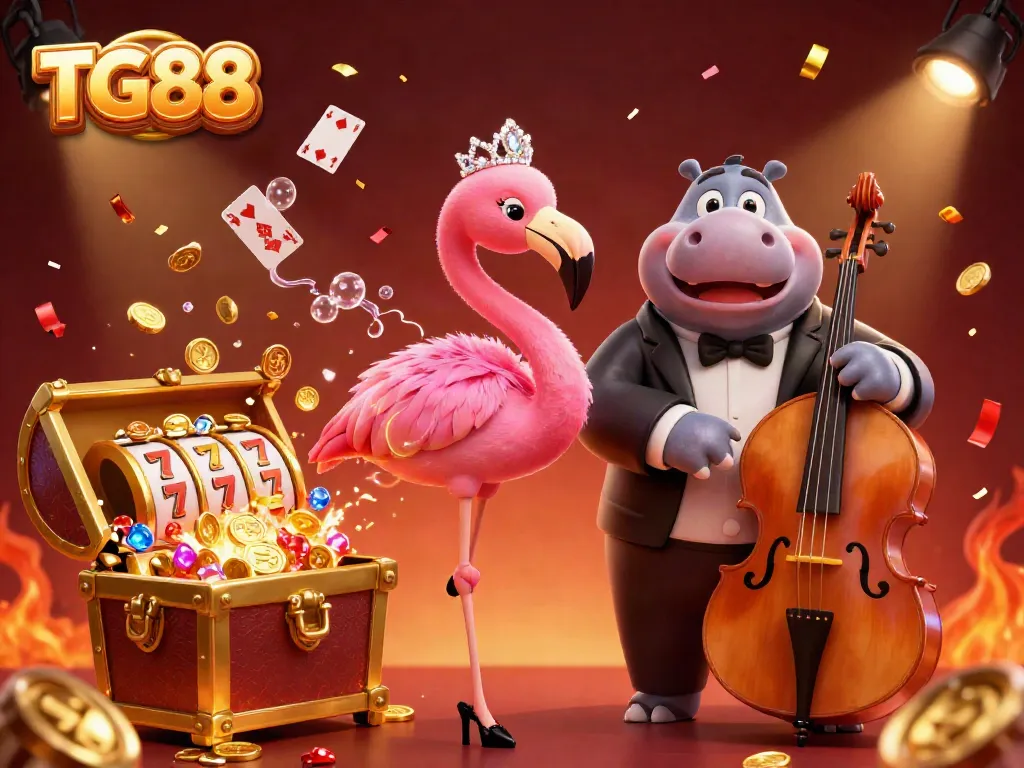 Experience dynamic gaming at TG88 with vivid casino characters surrounded by vibrant gold and color.