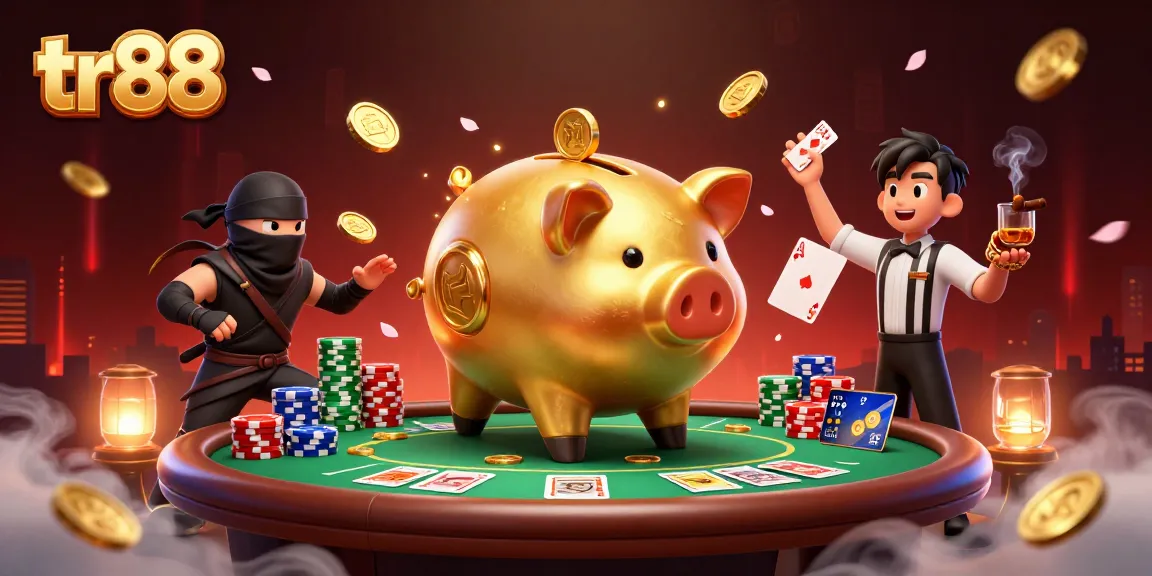Exciting gaming scene of tr88 featuring a golden piggy bank sumo wrestler and dynamic poker elements.
