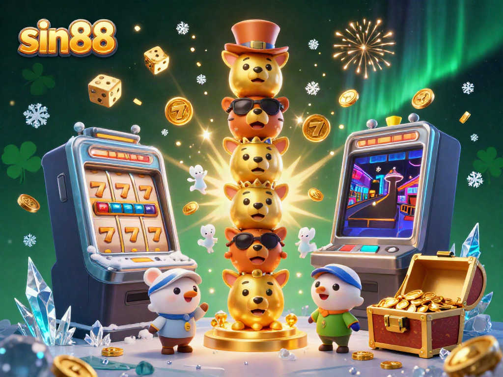 Experience the thrills of sin88 with this vibrant casino scene featuring dynamic gaming elements and golden totem characters.