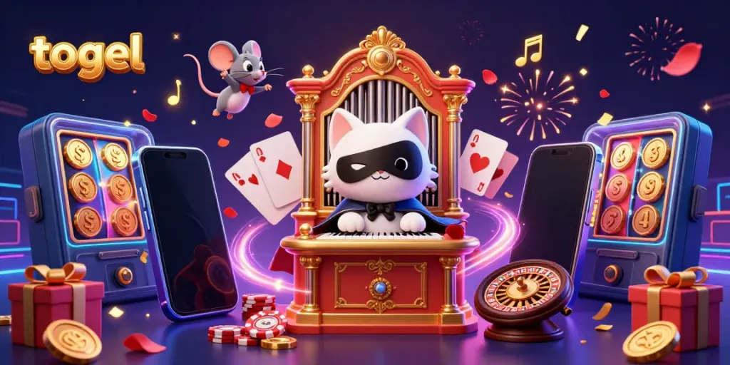 Experience the thrill of togel gaming with vibrant characters and dynamic casino elements in an ultra-detailed scene.