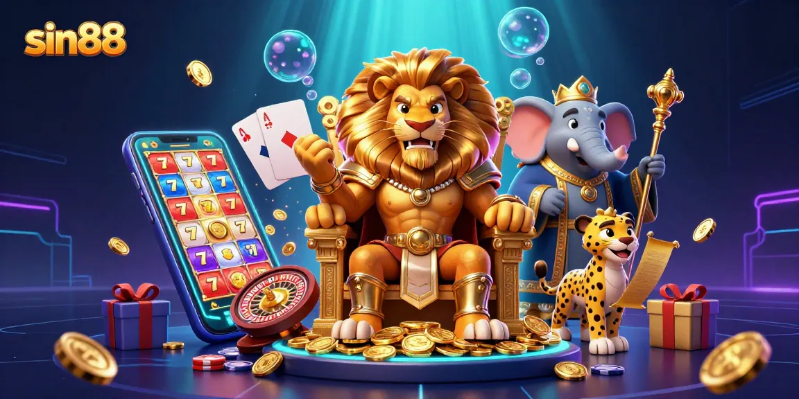 Experience thrilling gameplay with sin88's vibrant slot scene featuring a lion king on a gold throne.