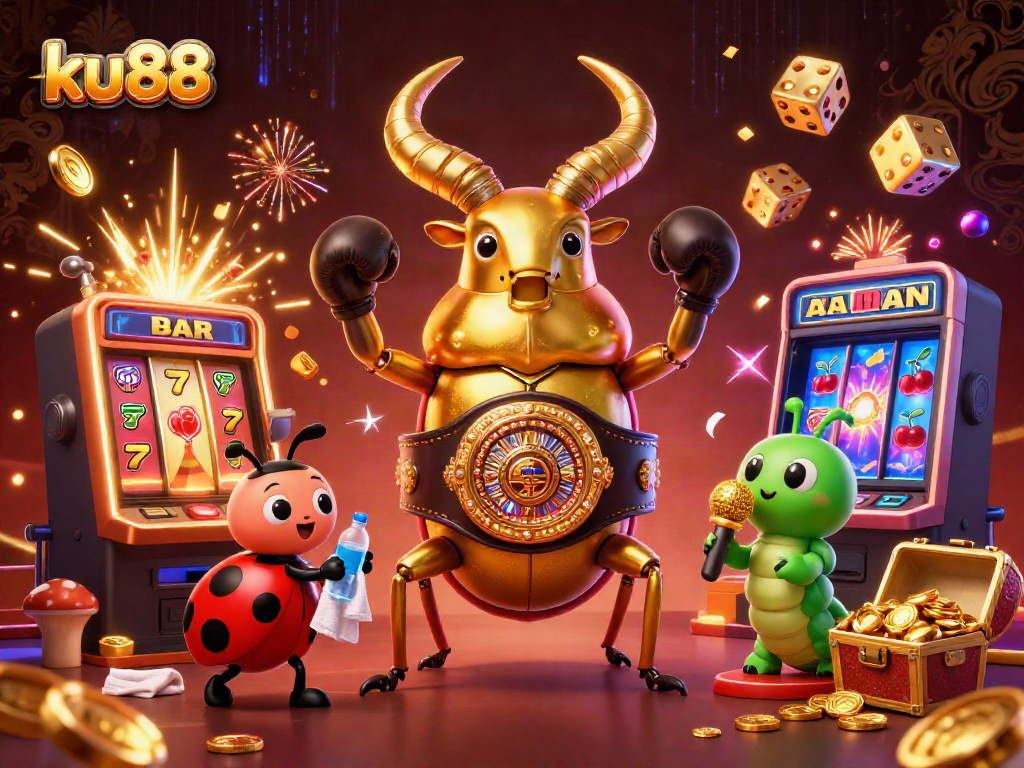 ku88 thrives in a vibrant online casino scene showcasing a dynamic golden stag beetle boxing champion amidst exciting gambling elements and golden winnings.