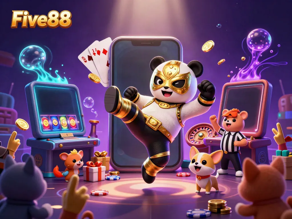 Five88 captures the excitement of online gaming with a vibrant scene featuring casino elements and a playful panda wrestler.