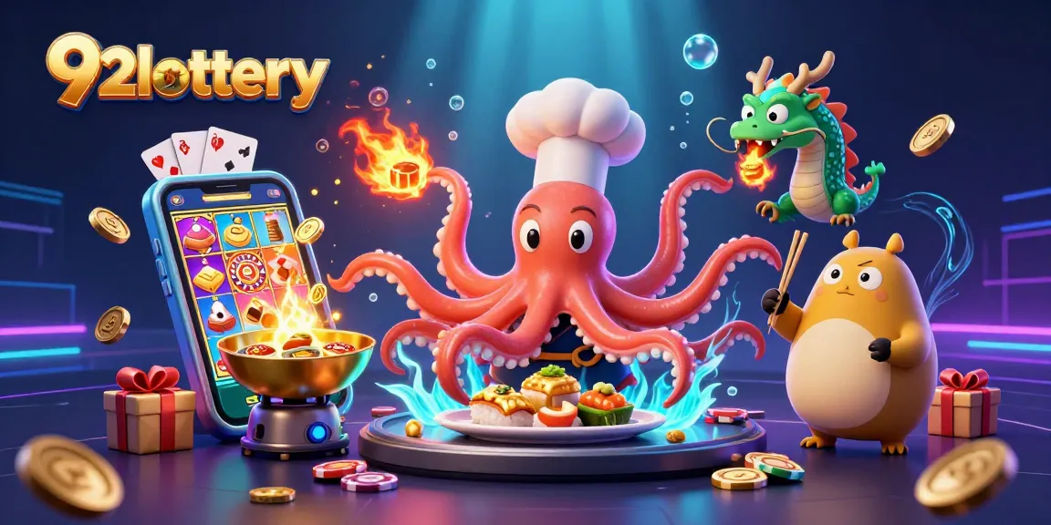 92lottery showcases thrilling games with vibrant characters, slot reels, and rich casino elements.
