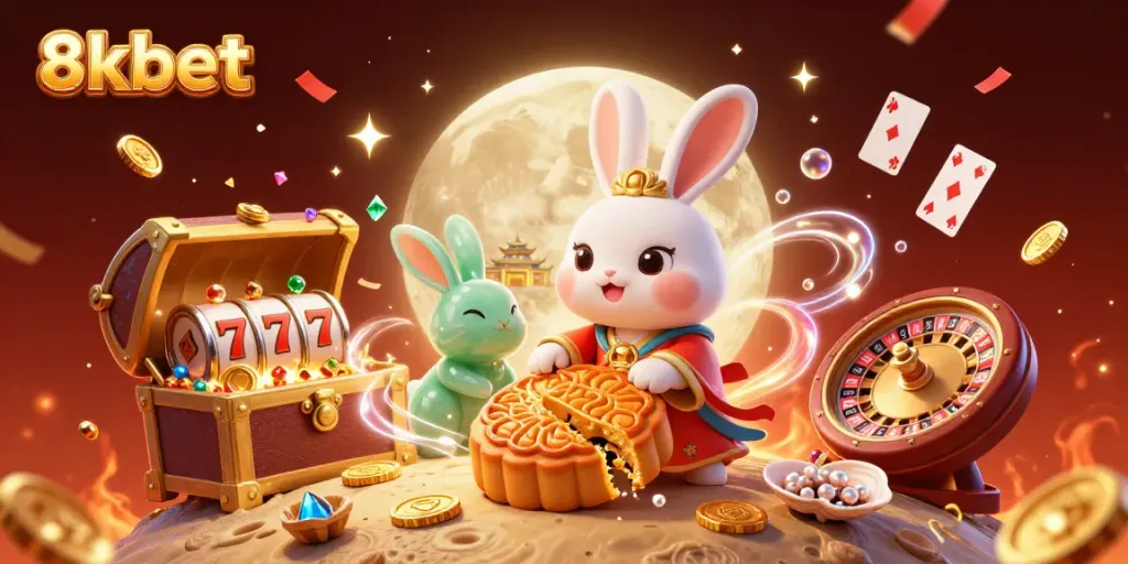 Engage with thrilling gaming visuals featuring 8xbet's moon rabbit and joyful elements evoking casino excitement.