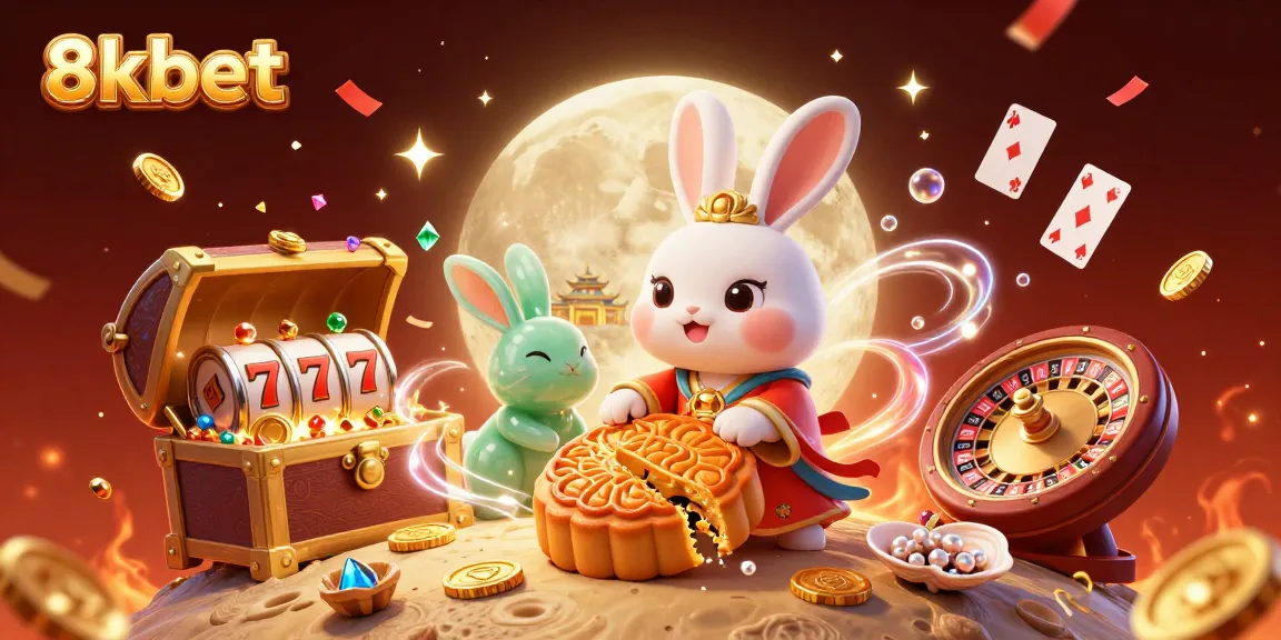Engage with thrilling gaming visuals featuring 8xbet's moon rabbit and joyful elements evoking casino excitement.
