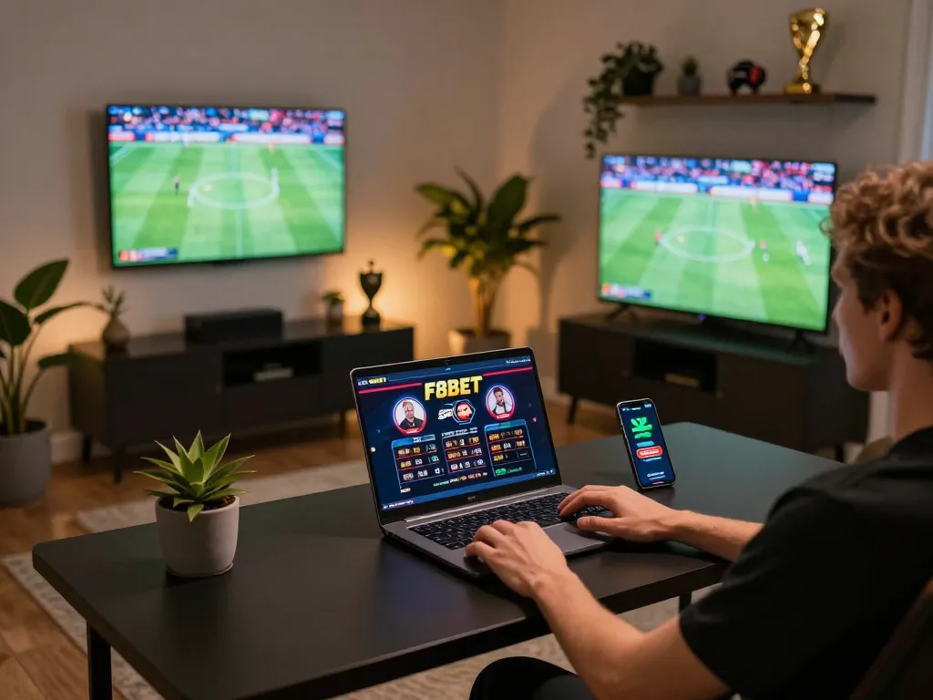 Player enjoying online gaming with F8BET platform on laptop and smartphone, immersive home atmosphere.