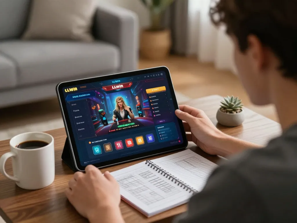 Engaging tablet gameplay at LLwin online casino, showcasing strategic betting and cozy home atmosphere.
