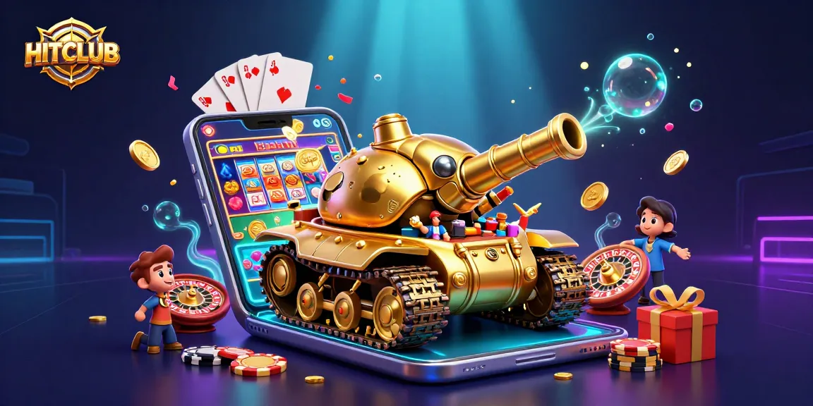 HitClub showcases an energetic 3D casino scene with a golden beetle tank and gambling elements.