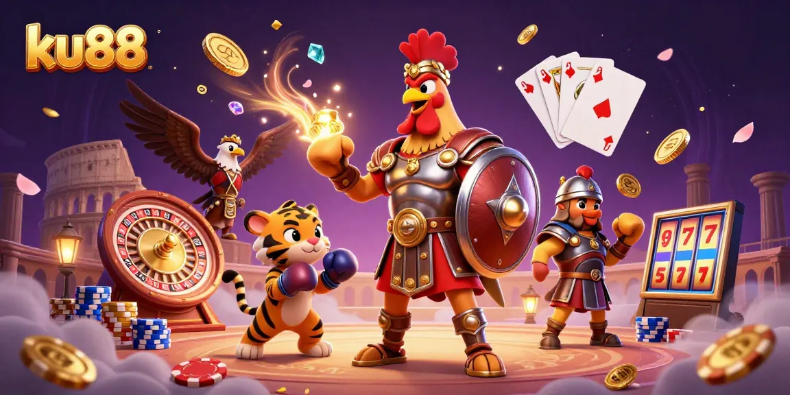 ku88 showcases the lively action of a casino arena with a gladiator rooster, tiger cub, and eagle in vivid 3D.