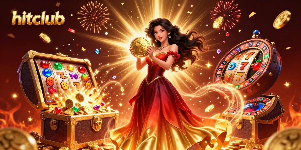 Hitclub showcases a stunning Asian woman holding a golden coin amidst vibrant casino elements, enhancing your gambling experience.
