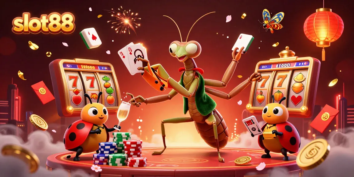 Play engaging and dynamic slot88 games with vibrant characters and exciting elements in a colorful casino scene.