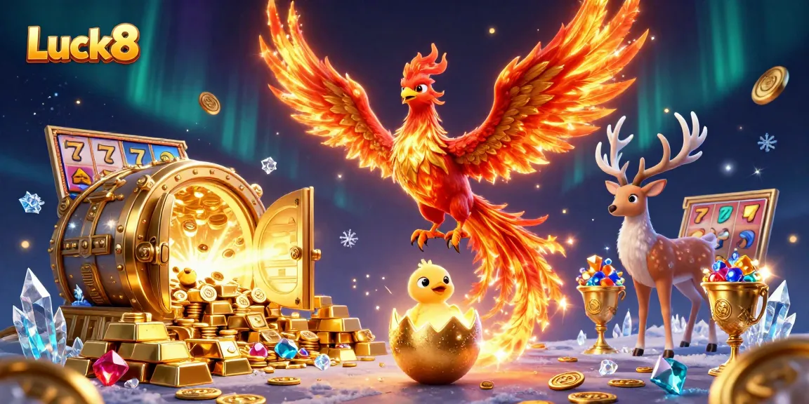 Experience thrilling wins with Luck8 in this vibrant casino-themed 3D illustration depicting rich game elements.