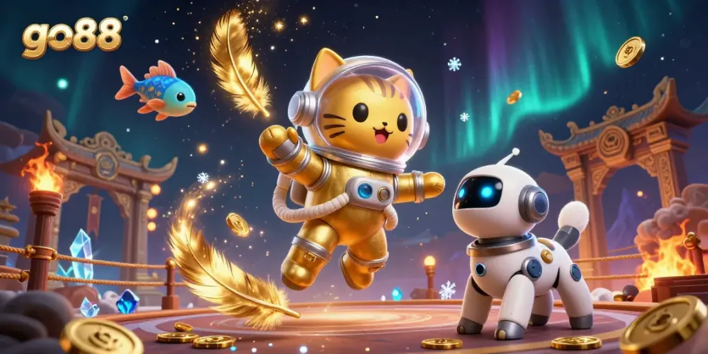 Experience the exhilarating world of go88 with this dynamic illustration featuring an astronaut cat and dog among casino elements.