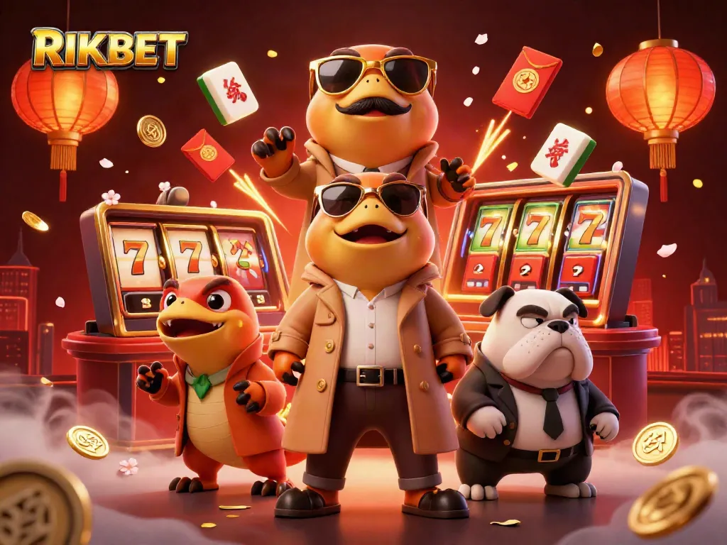 RIKBET showcases dynamic casino action featuring cartoonish raptors sneaking into a lounge, surrounded by gaming excitement.