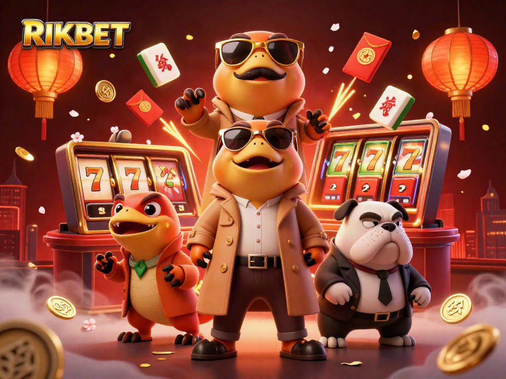 RIKBET showcases dynamic casino action featuring cartoonish raptors sneaking into a lounge, surrounded by gaming excitement.