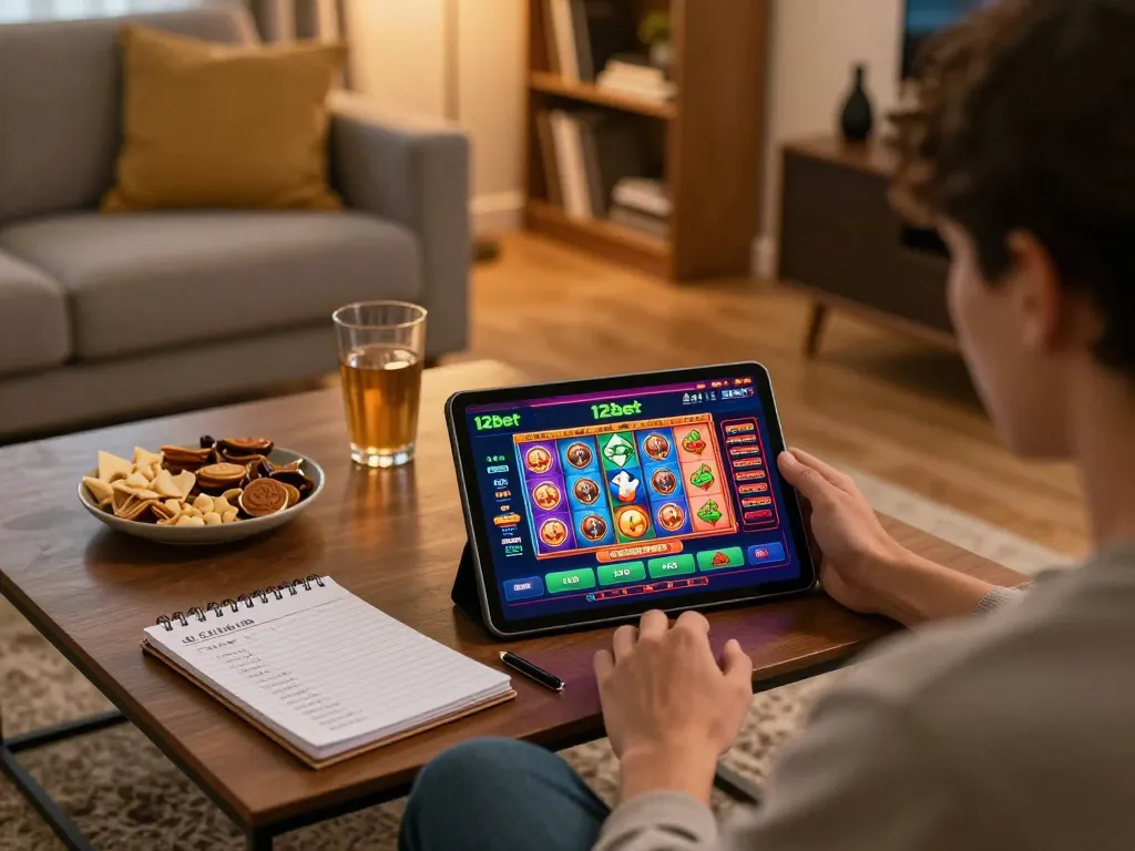 Người chơi tham gia trò chơi casino trực tuyến trên ứng dụng 12bet trong một buổi tối ấm cúng tại nhà.