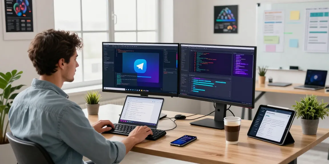 Developer using Telegram Download in a modern workspace, showcasing coding and productivity elements.