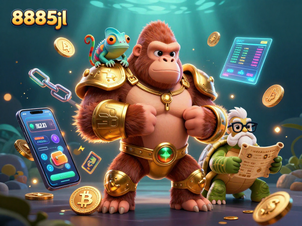 Engage with 8885jl’s vibrant 3D casino scene featuring a gorilla king, playful chameleon, and wise tortoise.