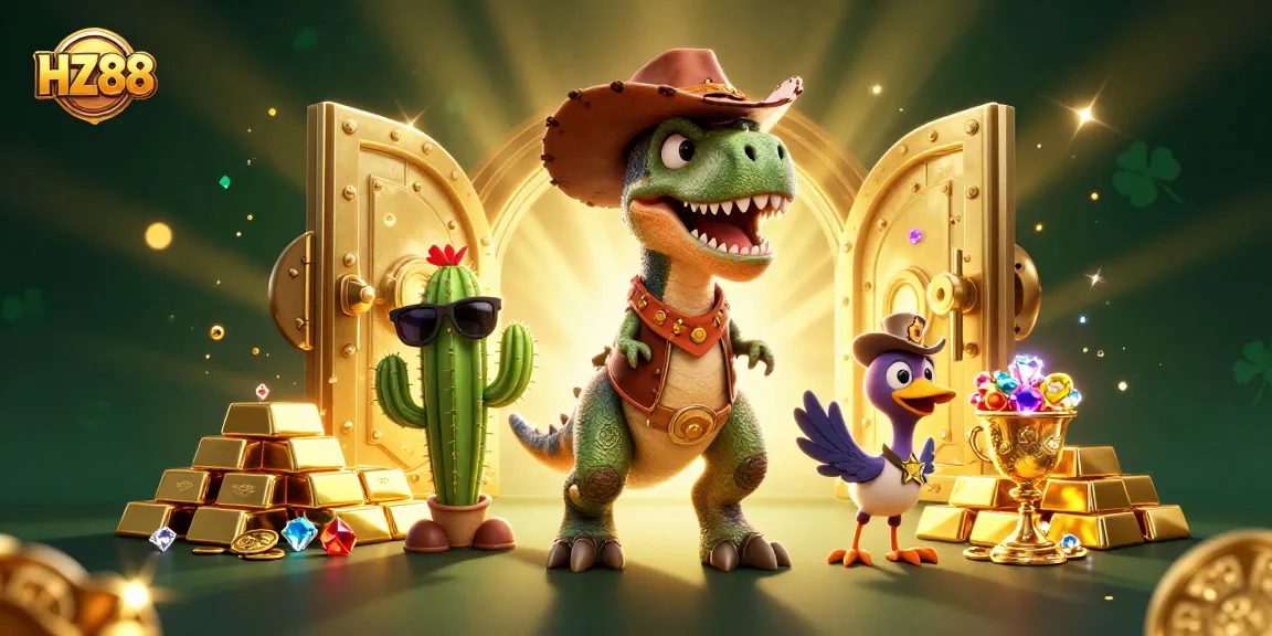 Spin reels and cash in with HZ88 in an immersive 3D casino scene packed with vibrant treasures and characters.