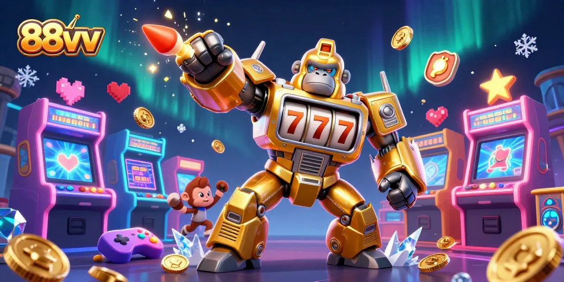 Engage with the thrilling world of 88vv as a golden gorilla mech and arcade games burst with action and excitement.