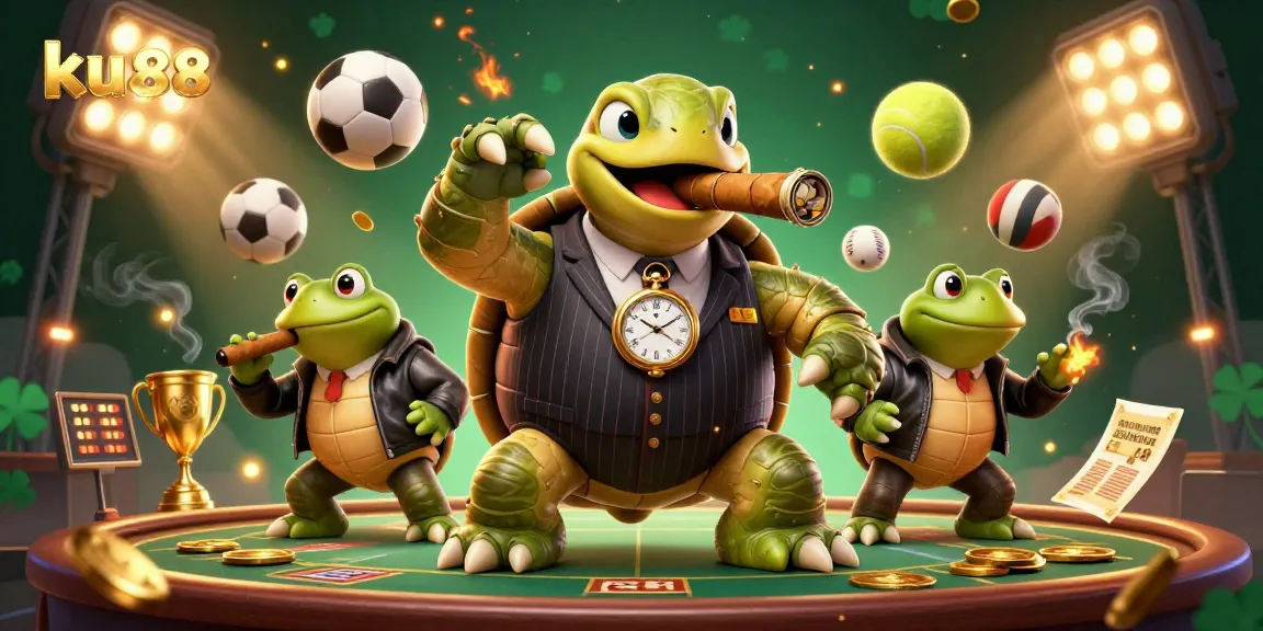 ku88 ignites excitement with a dynamic casino scene featuring a turtle mobster and sports elements.