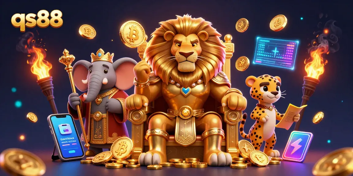 Experience excitement at qs88 with a fierce lion king, elephant advisor, and cheetah messenger in a vibrant casino scene.