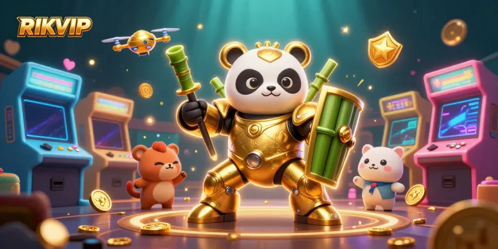 Experience the excitement of RIKVIP with a vibrant 3D digital illustration showcasing thrilling arcade game elements and a dynamic panda robot.
