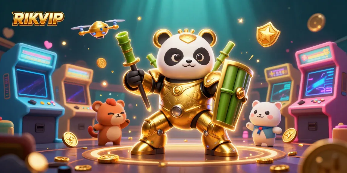 Experience the excitement of RIKVIP with a vibrant 3D digital illustration showcasing thrilling arcade game elements and a dynamic panda robot.