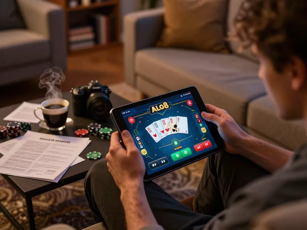 Engaging poker gameplay on ALO8 app, showcasing a player strategizing with notes and coffee