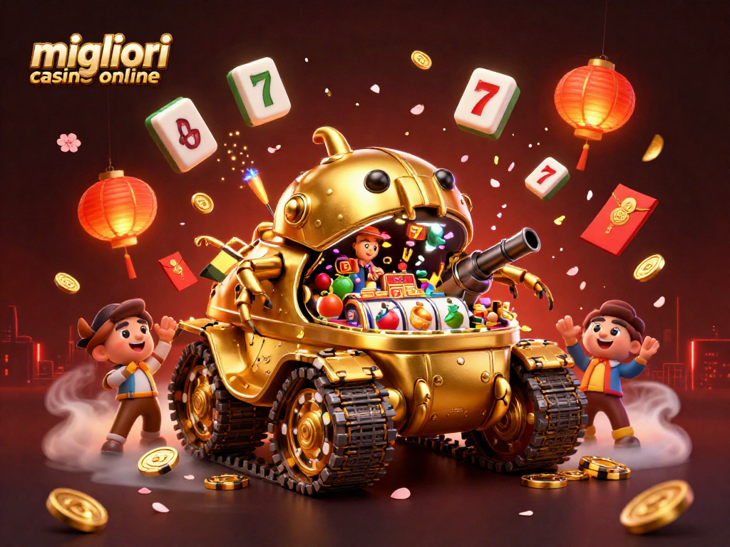 Migliori casino online: esplora una vivace illustrazione 3D di un carro armato dorato con un casinò interno e simboli di gioco fortunati.