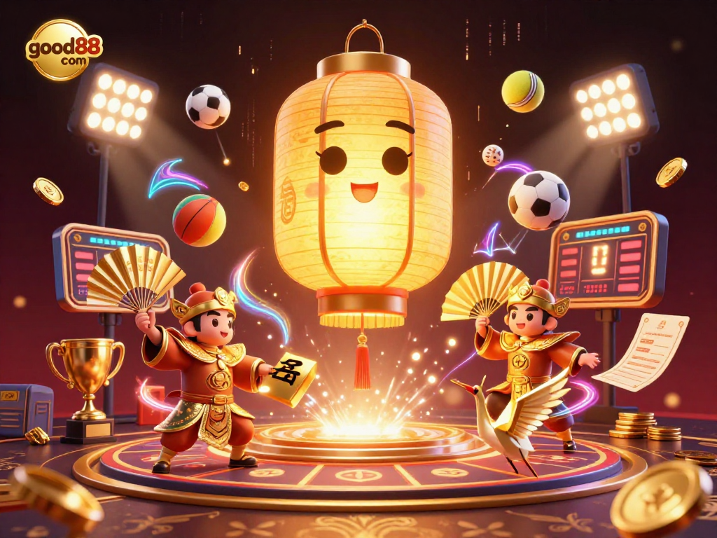 Experience the excitement of betting at good88 com, featuring a lively golden lantern spirit and animated casino elements.