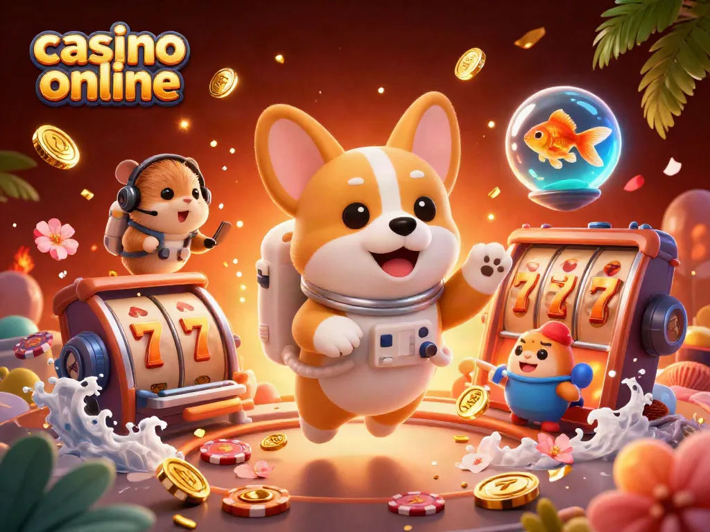 Juega en el casino online mientras un corgi astronauta flota en un emocionante ambiente espacial, lleno de fichas y monedas.