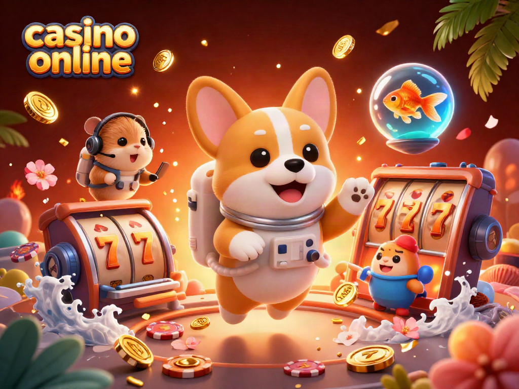 Juega en el casino online mientras un corgi astronauta flota en un emocionante ambiente espacial, lleno de fichas y monedas.
