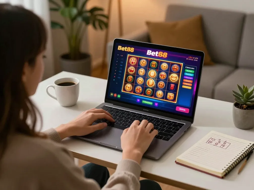 Person enjoying Bet88 online gaming session on laptop in a cozy home setting