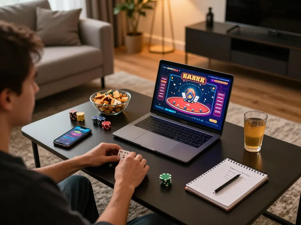 Engaged in online gaming at home with sunwin, showcasing a cozy, strategic setup for poker play.