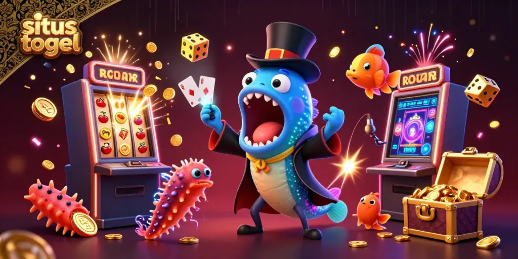 Experience the excitement of situs togel with animated sea creatures performing in a vibrant casino scene.