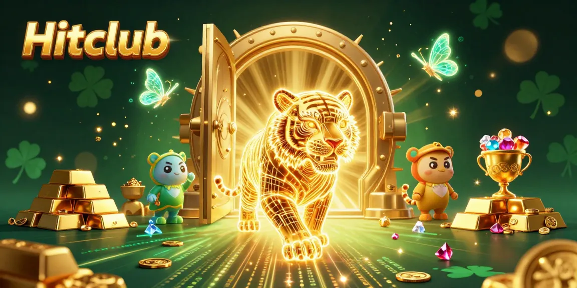 Experience the vibrant Hitclub casino with a neon wireframe tiger amidst treasures and holographic butterflies.