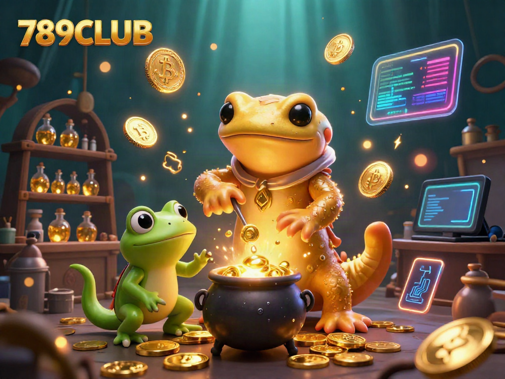 Experience the dynamic 789CLUB, where golden alchemy meets digital currency in an enchanting 3D scene.