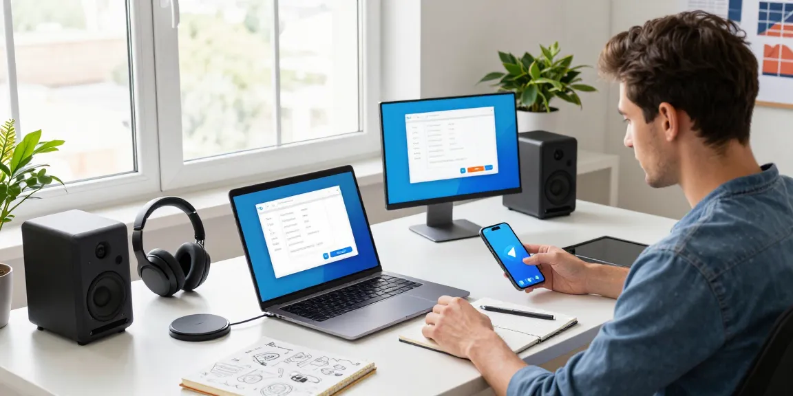 Effortlessly using Telegram下载 on multiple devices in a modern office.