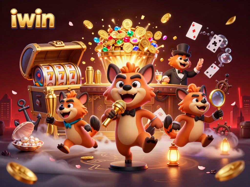 iwin engaging with dynamic slots and casino characters in a vibrant comedy scene
