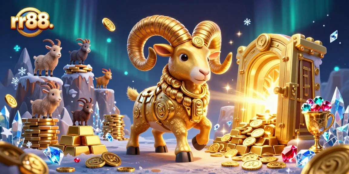 Engage with rr88. as the golden ram charges through a treasure vault in a lively casino scene.