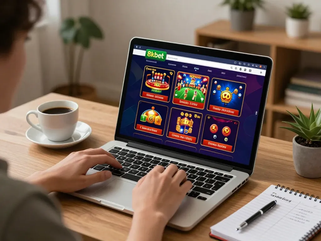 8kbet user enjoying online casino gaming at home with laptop and coffee, focused atmosphere