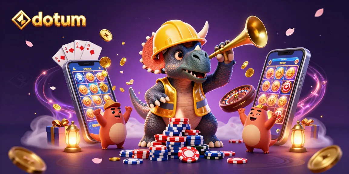 Datum showcases a vibrant 3D casino scene with characters celebrating winnings amid spinning slot games, poker chips, and festive elements.