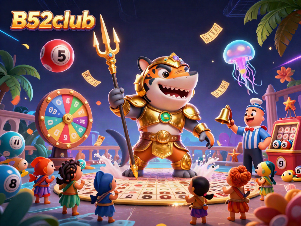 Experience B52club's dynamic underwater casino scene, showcasing vibrant lottery elements and a gladiator shark.