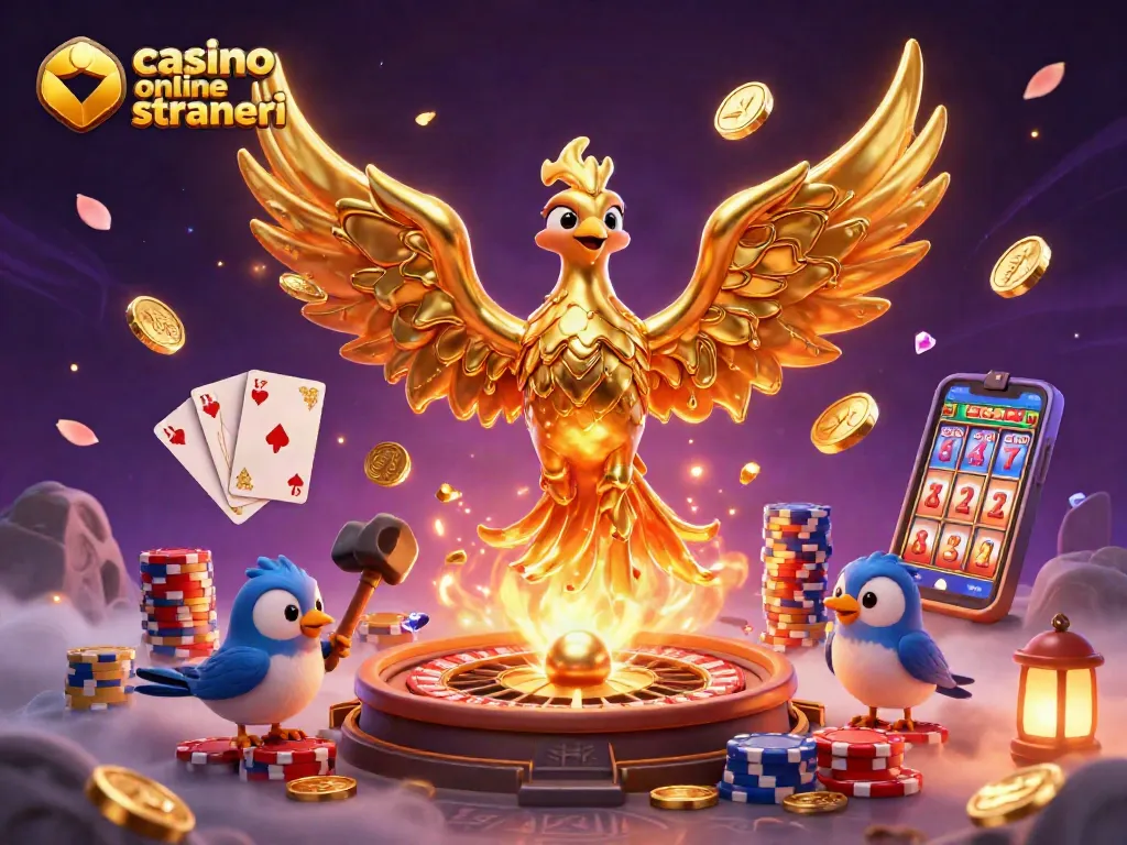 Cattura l'azione nei casinò online stranieri con un'illustrazione di un fenice dorata e monete volanti.