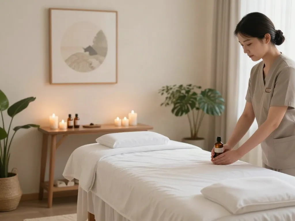 Serene massage therapy room ready for 부평출장마사지, highlighting comfort and tranquility.