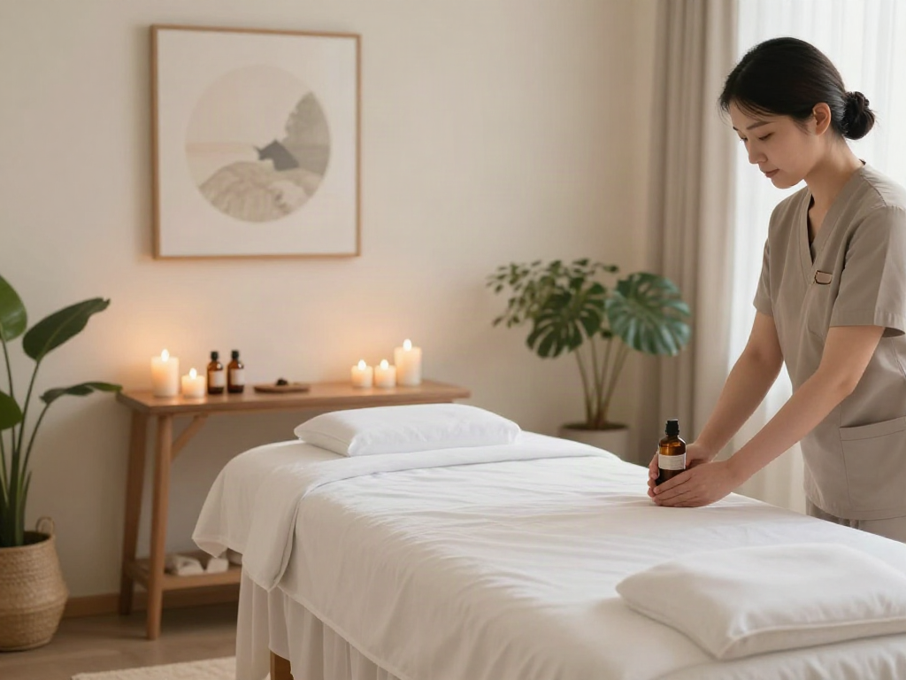 Serene massage therapy room ready for 부평출장마사지, highlighting comfort and tranquility.